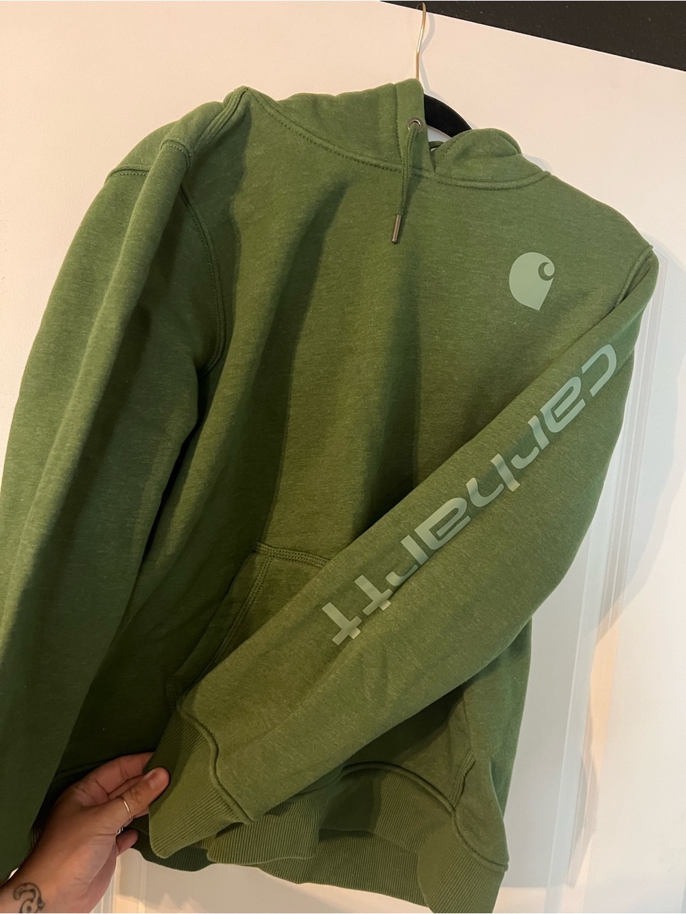 Carhartt Men's Olive Green Crewneck Hoodie with Sleeve Logo